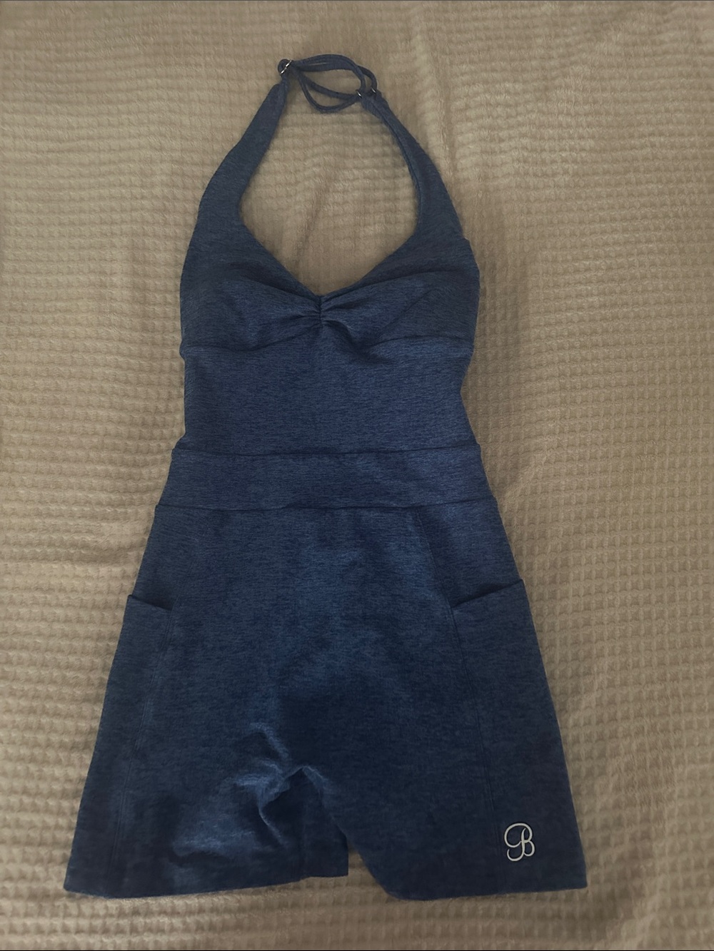 Bombshell Sportswear Navy Halter One-Piece with Front Pockets